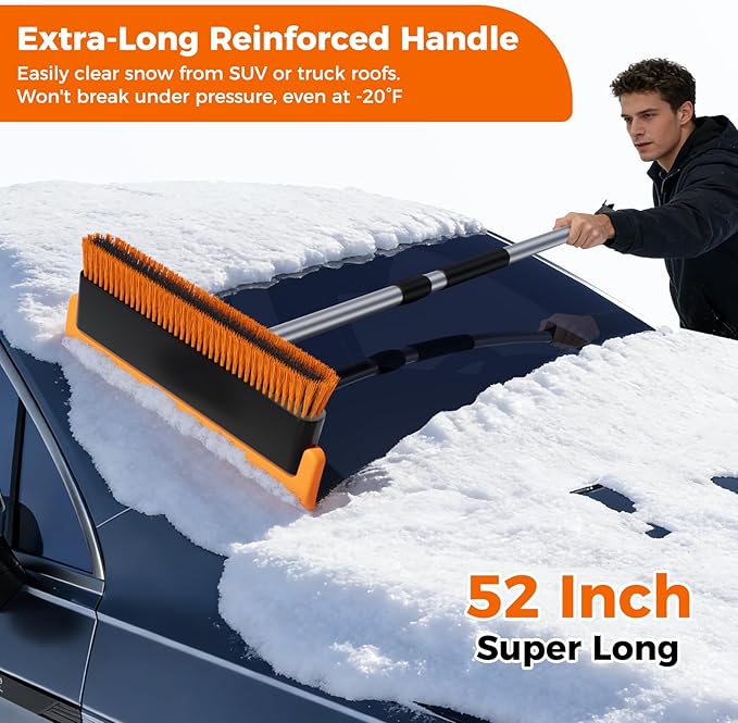 16" Large Snow Brush for Car Windshield,Non-Scratch Snow Scraper,55" Extendable Snow Broom with Foam Grip,Snow Remover for Cars, Truck, SUV (Orange, Large)