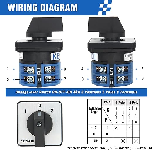40A Rotary Changeover Switch, 660V 3 Position 2 Phase 8 Terminals, Universal Selector Switch with Yellow Fork Terminals IP65 CE 26-40/D202.2