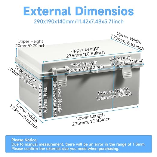Waterproof Electrical Junction Box Outdoor, IP65 Thicken ABS Plastic Project Enclosure Weatherproof with 1 Grid Mounting Plate, 2 Cable Glands, 4 Wall Brackets and 8 Screws (Medium:11.4"x7.5"x5.7")