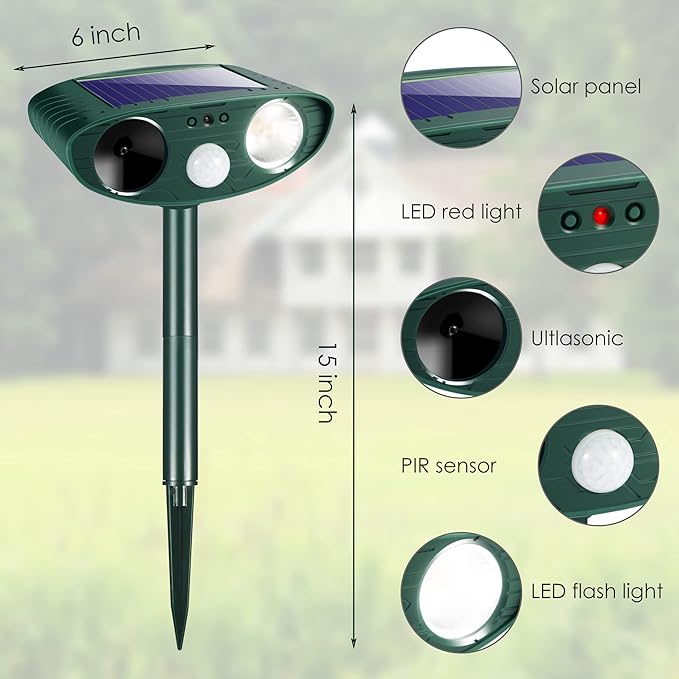 4 Pack Solar Ultrasonic Animal Repeller Outdoor Cat Deer Repellent Devices with Strobe Light,Animal Deterrent Devices for Squirrel Rabbit Raccoon Dog Skunk Repellent for Yard Garden Farm