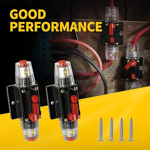 150 Amp Manual Reset Circuit Breaker DC 12-48V Waterproof Inline Fuse Holder, 3-15 AWG Overload Protection for Car Audio Sound Amplifier System RV Marine Boat Truck Solar (Pack of 2)