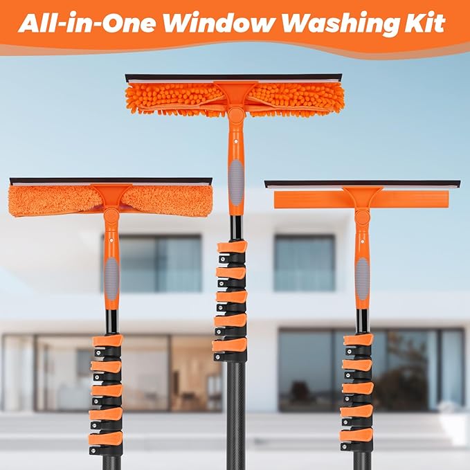 Window Washing Kit with Extension Pole 4.7 to 24FT, Long Squeegee for Window Cleaning Indoor Outdoor, Carbon Fiber Telescopic Pole for Window Cleaner Tool with Microfibre Pad & Chenille Cloth