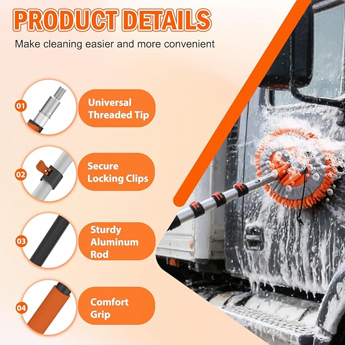 16FT Car Wash Brush with Long Handle, Car Cleaning Brush Kit with Soft Bristle Brush, Window Squeegee, Microfiber Mop, Wheel Brush, Mitt for Cleaning Truck, RV, Boat, Solar Panels