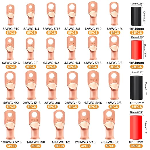 mankk 230PCS Copper Wire Lugs AWG 1 2 4 6 8 1/0 2/0 Gauge Battery Terminal Connectors Battery Cable Ends Connectors Copper Ring Terminal Kit with 3:1 Heat Shrink Tubing