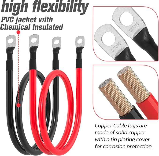 6 AWG Battery Cable 6AWG Gauge Battery Inverter Cables for Automotive Solar Marine Boat RV Car Motorcycle (6 AWG, 20in, 5/16")