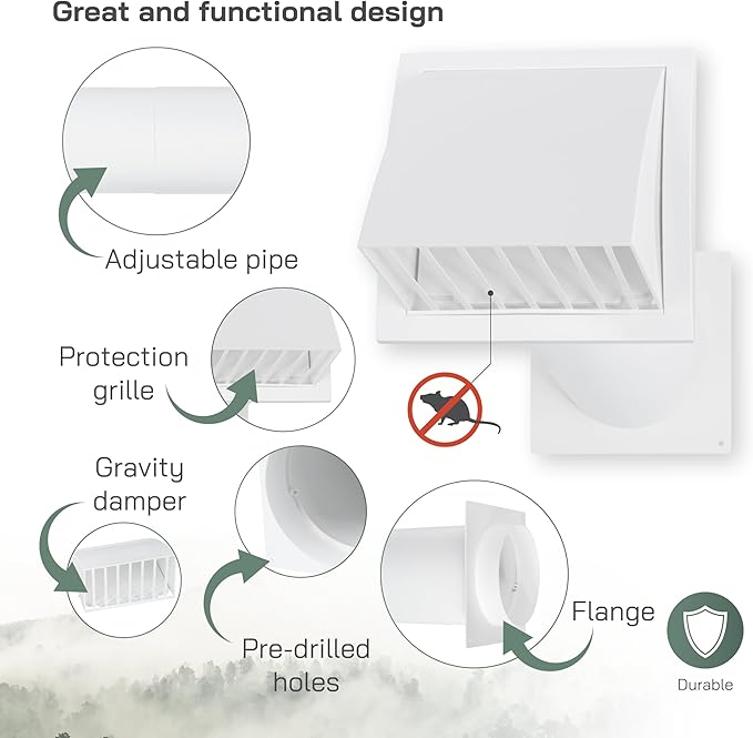 Vent Systems 4'' Inch Plastic Adjustable Through Wall Ventilation Kit - Dryer Vent Kit - Ventilation Tube With Exhaust Hood Vent Cover And Duct Connector - Built In Gravity Damper in Exhaust Hood
