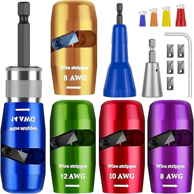 Wire Stripper Twister Tool for Drill,2026 Upgraded Wire Stripping Tool & Wire Twisting Connector for Cutters 6-14 AWG,8 In 1 Professional Electrician Twister Stripping with 70 PCS Wire Nut 5 PCS Blade