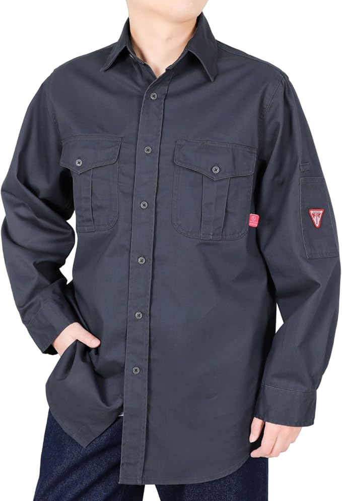 TICOMELA Men’s Mid-Weight FR Welding Shirt, 7.5oz 100% Cotton NFPA 2112 CAT2 – Flame-Resistant Button-Down Work Shirt
