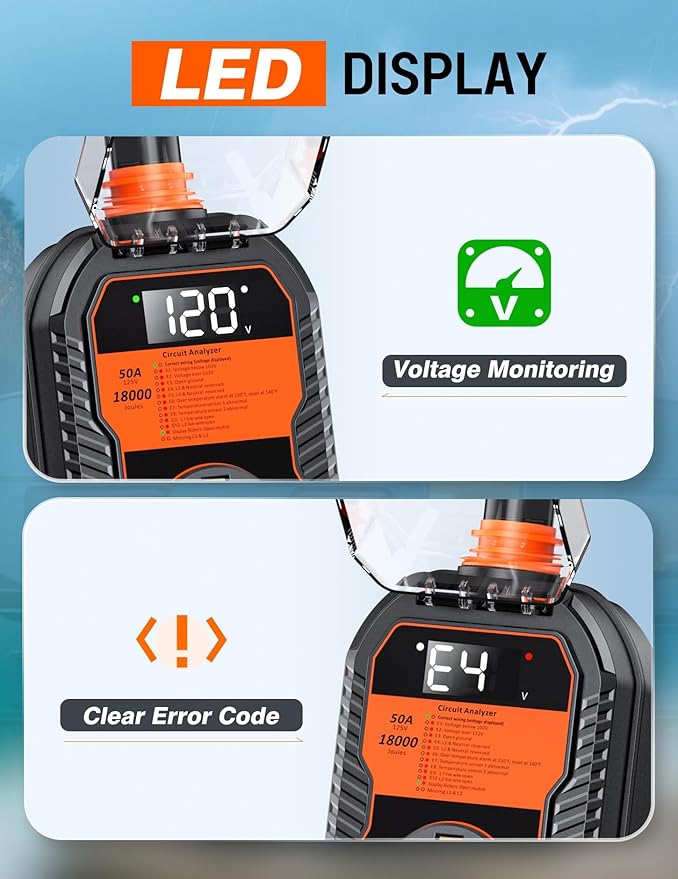 18,000J RV Surge Protector 50 Amp with LED Display, 50 Amp Surge Protector for RV with Voltage Monitoring, Clear Error Codes, Comprehensive Detection, IP68 Waterproof