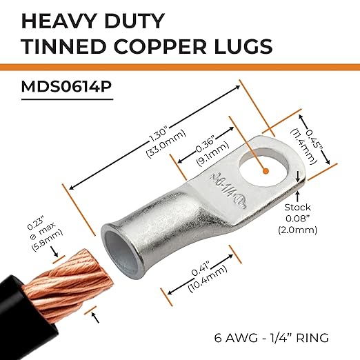 SELTERM 25pcs 6 AWG 1/4" Stud Marine Grade Tinned Copper Battery Cable Lugs, 6 Gauge Ring Terminals, UL Wire Lugs Electrical Battery Cable Ends, Tinned Copper Lugs Battery Terminal Connectors
