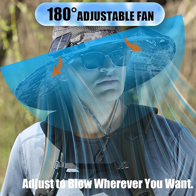 Solar Fan Sun Hat, Widen Brim Outdoor Fishing Men Hat with 2 Fans, Adjsutable 180°Rotating Cooling UPF 50+