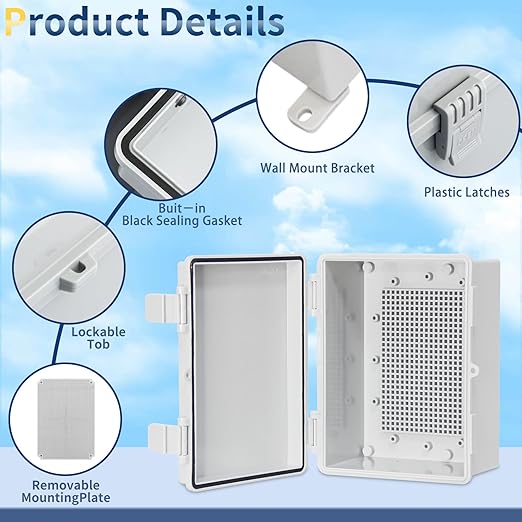 Waterproof Electrical Box Heavy Duty ABS Waterproof Junction Box, IP66 Dustproof Electrical Enclosure, Universal DIY Project Case for Outdoor Indoor Use Wall Brackets (8"x6.1"x3.9")