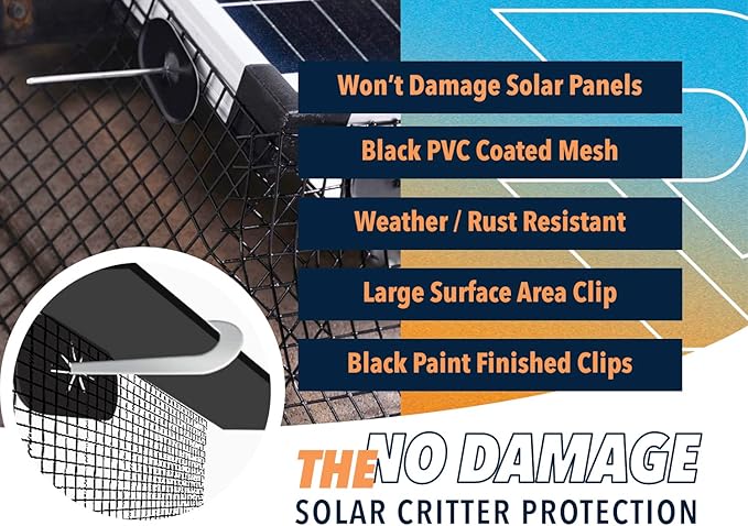 Rotak 8in X 100ft Solar Panel Bird Squirrel Critter Guard Roll Kit - 60 Fastener Clips - Used for Bird/Critter proofing Solar Panels - Removable Without Damage - PVC Coated Galvanized Steel roll…