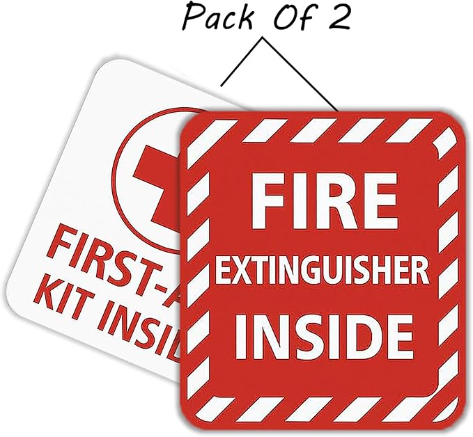 Fire Extinguisher Inside & First‑Aid Kit Inside Safety Stickers – 2‑Pack, 5″×5″ Self‑Adhesive Vinyl Decals for Vehicles, Facilities, Offices & Warehouses – Weatherproof, Removable