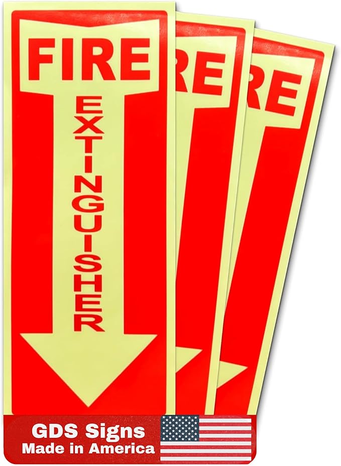Glow in the Dark Fire Extinguisher Signs Stickers - 3 Pack 4 x 10.5 Inch – Photoluminescent, Protected with UV and Fade-Resistant Lamination, for Business, Schools, Hospitals - Made in USA