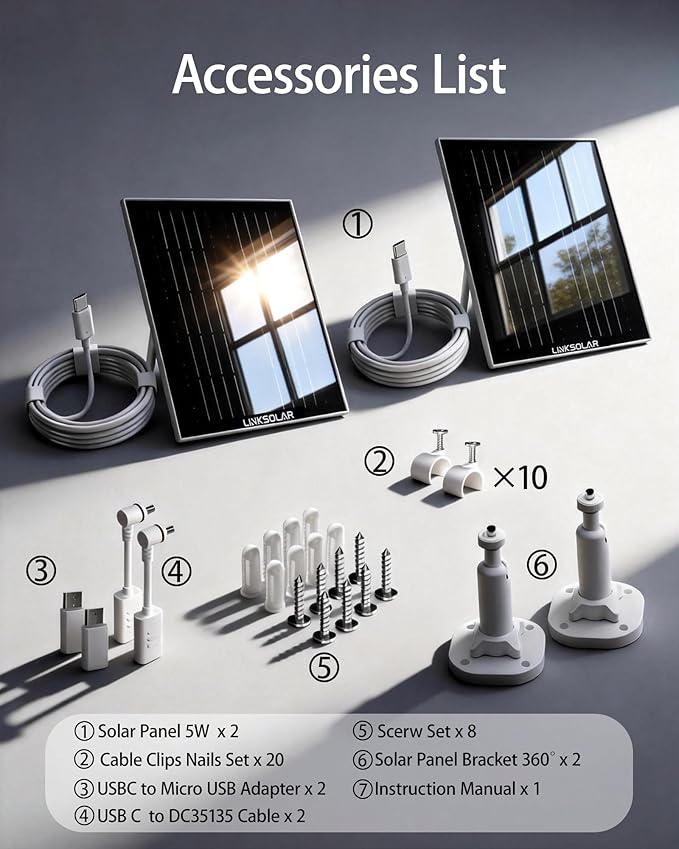 Dual 5W Solar Panels for Ring Camera, All-in-1 Glass Solar Charger for Outdoor Stick Up Battery Home Security Camera, Micro USB, DC Input, USB-C Port, 9.8ft Cable, 360°Adjustable Bracket
