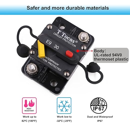 E9 30 Amp Circuit Breaker 12V - 72V DC with Manual Reset | Waterproof IP67 | Surface Mount 30A Switch Button with LED Indication