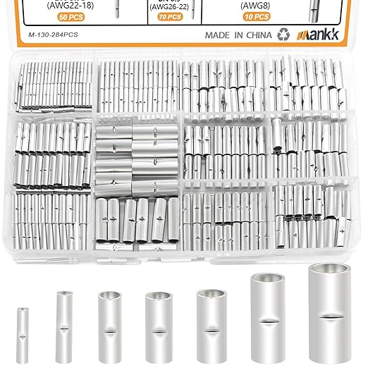 mankk 284PCS Non Insulated Butt Connectors Kit 26-6 Gauge Tinned Red Copper Butt Connector Uninsulated Butt Connector Wire Crimp Connectors for Electrical Appliances Cars Boats etc