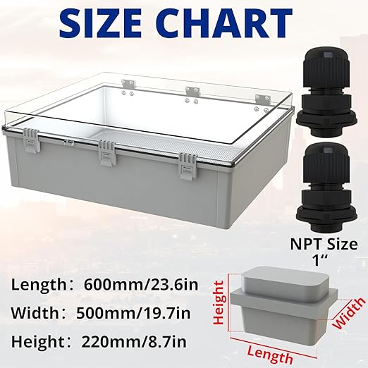 MAKERELE Extra Large Outdoor Electrical Box Waterproof IP67 large Junction Box 2 NPT 1”Glands and Adjustable Clamp*2 Hinged Cover Waterproof Clear Box (23.6"*19.7"*8.7")