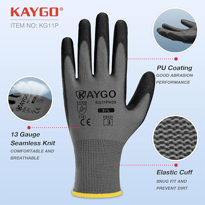 KAYGO Work Gloves for Men and Women,12 Pairs Seamless Knit PU Coated Safety Gloves, with Smooth Grip on Palm and Fingers, Ideal for Light Warehouse, Manufacturing, Gardening, KG11P (S,Gray)