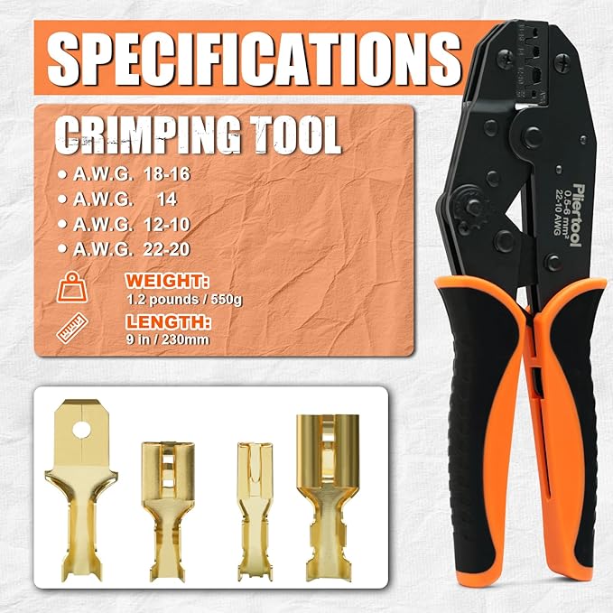 Crimping Tool for Non-Insulated Open Barrel Terminals Receptacles AWG 20-10, Ratcheting Wire Crimper - Crimping Pliers - Electrical Crimpers Tools