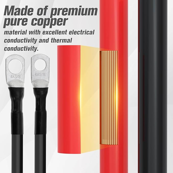 6 AWG Battery Cable 6AWG Gauge Battery Inverter Cables for Automotive Solar Marine Boat RV Car Motorcycle (6 AWG, 2FT, 3/8"+5/16")