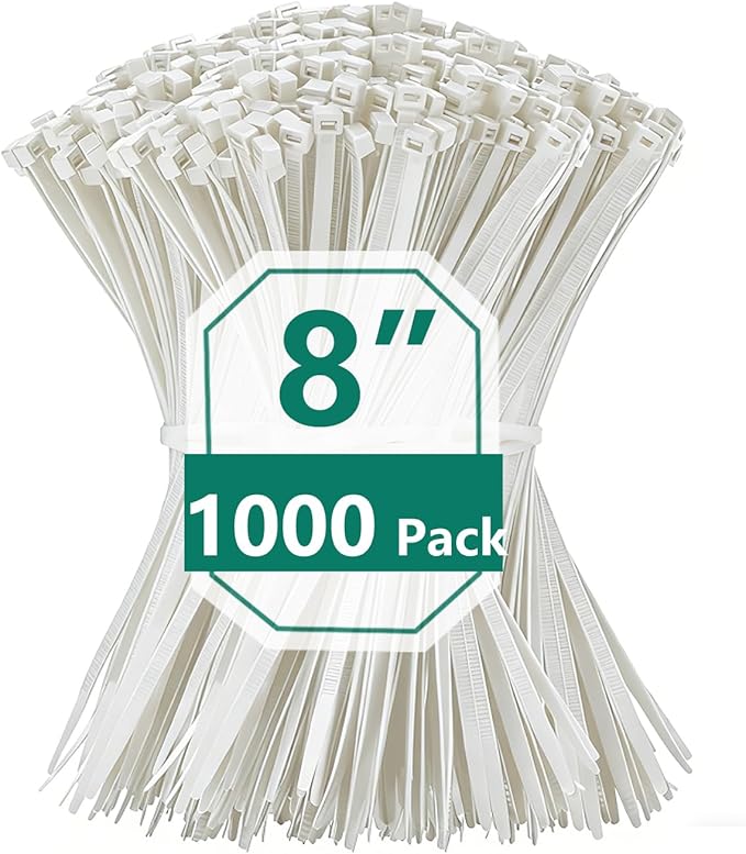 1000PCS 8 inch Black Zip Ties 75LBS Tensile Strength Self-Locking heavy duty UV Resistant Cable Tie Wraps for indoor and outdoor use(White)