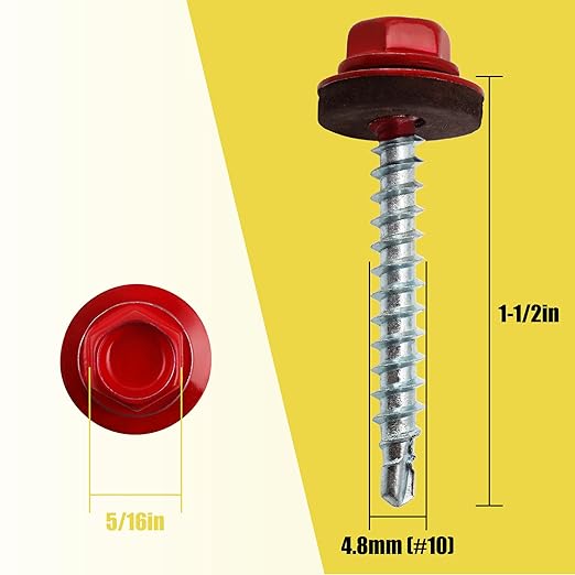 250pcs #10 x 1-1/2" Red Hex Head Self-Drilling Metal Roofing Screws, EPDM Washer, Colored Head, Wood Screws, Sheet Metal Roof Screw with Hex Driver Bit (Red, 1-1/2 in)
