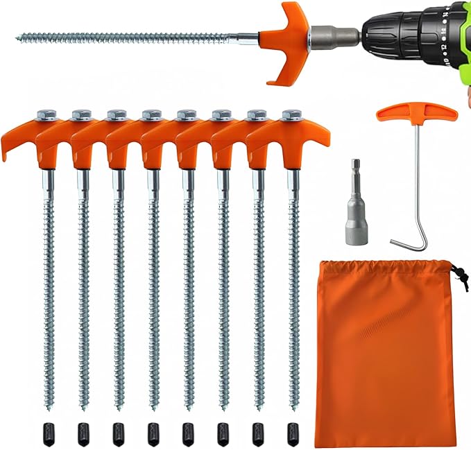 8-Pack Heavy Duty Screw-in Tent Stakes with Drill Adapter – 8 Inch Ground Anchors for Camping, Canopy, Gazebo, Awnings & Outdoor Accessories