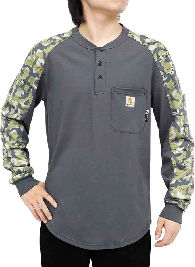 BOCOMAL FR Shirts 6oz Lightweight Flame Resistant Long Sleeve Henley Shirt Fire Retardant Workwear NFPA2112 CAT2