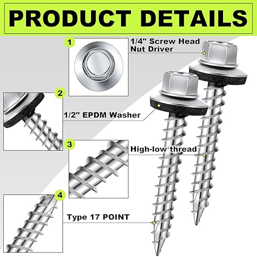 Tandefio Metal Roofing Screws (1000) #10 x 1-1/2" Zinc Hex Head with Rubber Washer Sheet Roof Screws Self Tapping Metal to Wood Siding Screw