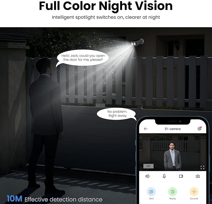 2K Solar Camera Outdoor Wireless-2.4Ghz WiFi Cameras for Home Security, Continuous Power, Color Night Vision, SD Card/Cloud Storage, Waterproof, Compatible with Alexa/Google Home S1 (1 Pack)