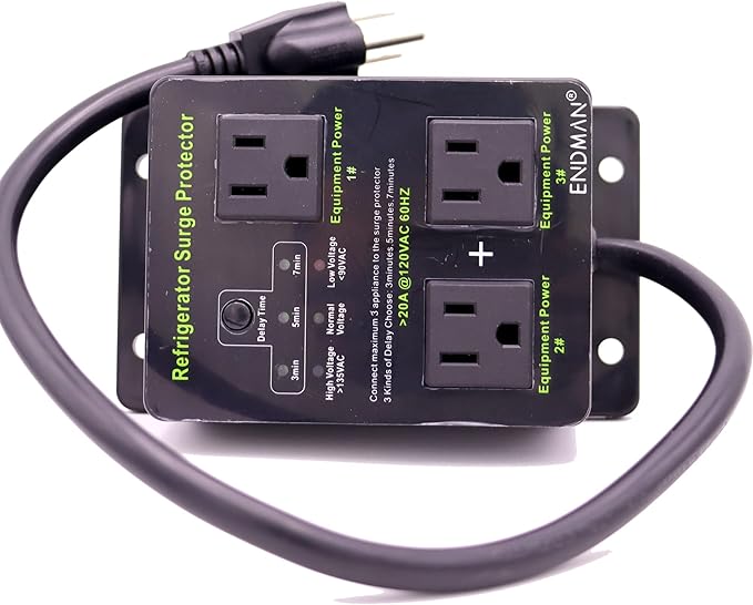 Refrigerator Surge Protector Three Outlet Voltage Protector for Home Appliances with Time Delay, Protects Against Brownout, Spike, Instant Surge All Voltage Abnormalities