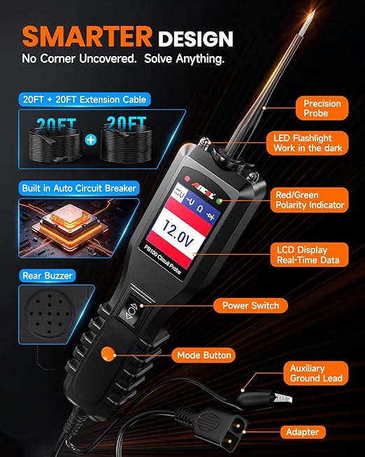 ANCEL PB100 Automotive Power Circuit Probe, 12-24 VDC Car Electrical Diagnostic Tool, AC/DC Voltage Current Resistance Short Detection, Trailer Fuse Tester, Digital Voltmeter Ohmmeter, 40FT Cables