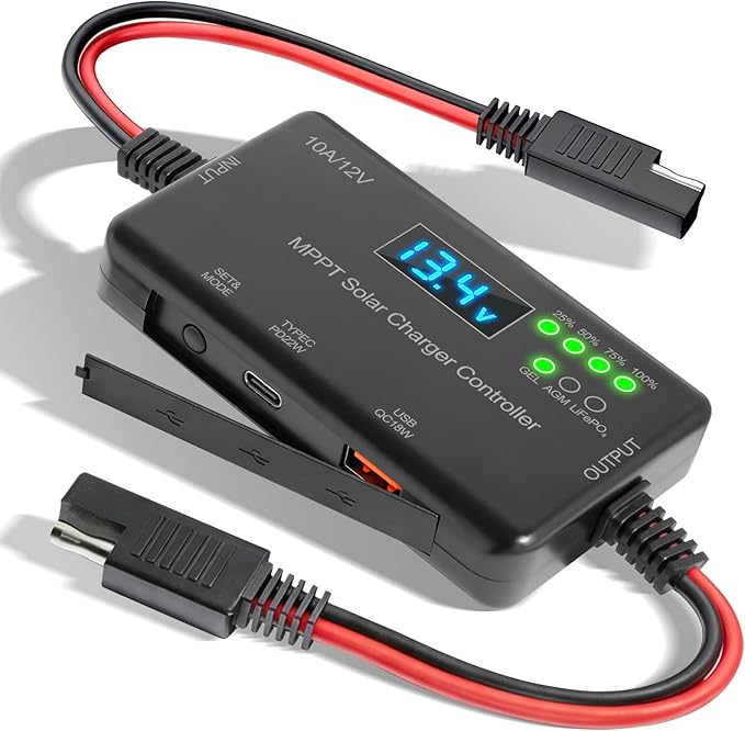 12V 10A True MPPT Solar Charge Controller - 30% Higher Efficiency Than PWM, 22W USB-C & 18W USB Output, LCD Display, Multi-Protection, Zero Drain, Compatible with Gel/AGM/LiFePO4 (RV/Boat/Shed)