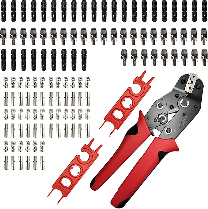 123 PCS Solar Crimper Tool Kit - Solar Panel Connector Crimping Tool with 60 Pairs Connectors,1 PCS Wire Crimper,2 PCS Multi-Functional Spanners Wrench for PV System Assembly and Installation