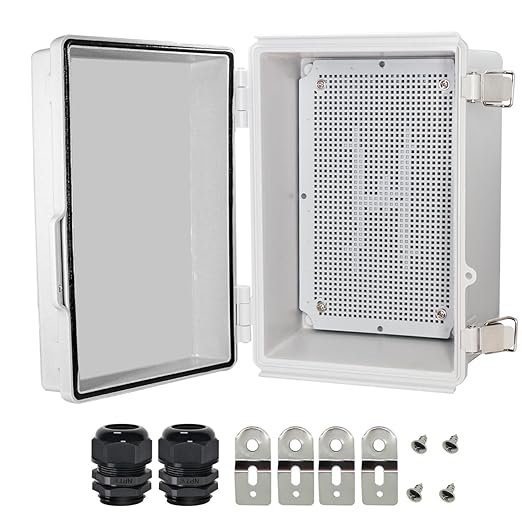 Zulkit Junction Box,IP67 Waterproof Electrical Box Hinged Cover Stainless Steel Latch Plastic Enclosure for Project w Mounting Plate Wall Bracket and 2 Cable Gland Grey 11"x7.5"x5.5"/280x190x140mm
