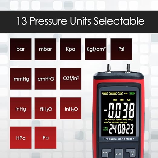 Manometer Data Logger, Dual-Port Digital Manometer Gas Pressure Tester Support PC Data Records, 13 Selectable Units Differential Pressure Gauge Manometer HVAC with Large LCD Screen