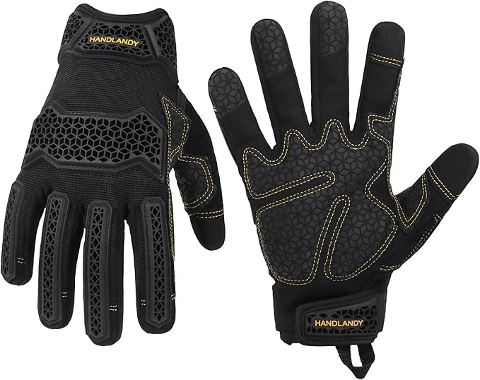 HANDLANDY Mens Work Gloves Touch screen, Utility Mechanic Gloves, Flexible Breathable Fit- Padded Knuckles & Palm