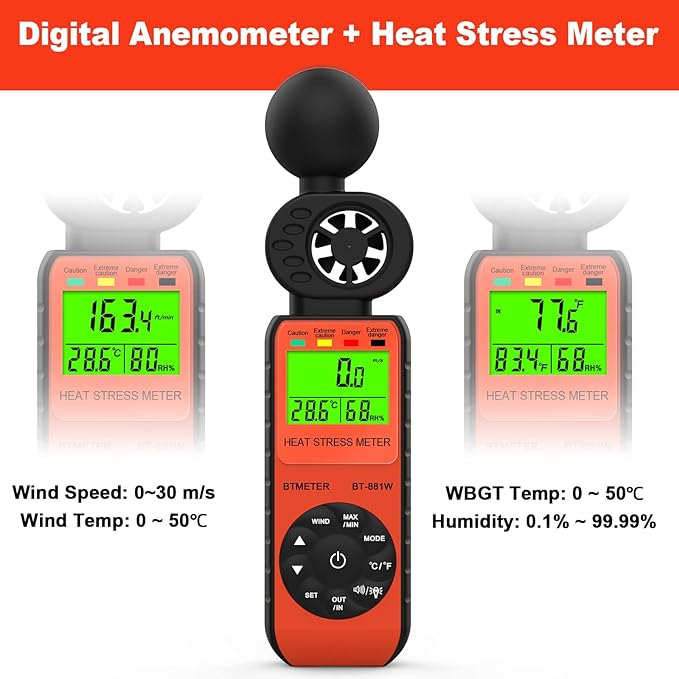 BTMETER BT-881W Heat Stress Meter Anemometer, Digital Indoor/Outdoor WBGT (Wet Bulb Globe Temperature) Meter with Wind Speed, Ambient Temp, Humidity Tester