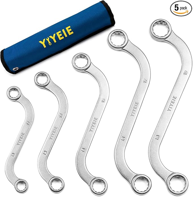 Offset S-Style Box End Wrench Set, 5-Piece, Chrome Vanadium Steel, 10x11mm, 12x13mm, 14x15mm, 16x17mm, 18x19mm