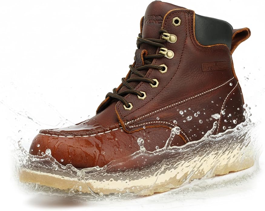 Moc Toe Work Boots for Men Waterproof Soft/Steel Toe Comfortable Full Grain Leather Non Slip Wedge Outsole Construction 6" Workboots