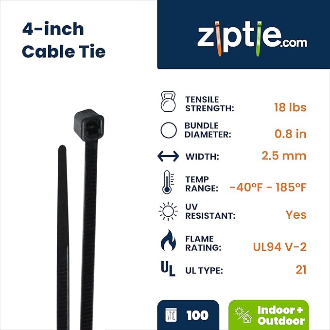 ZipTie.com 4-Inch Black Multi-Purpose Zip Ties - 18-lb Tensile Strength Cord Management - UL 21 Listed Tie Wraps - UV Resistant, Indoor & Outdoor Multi-Purpose (100-Pack)