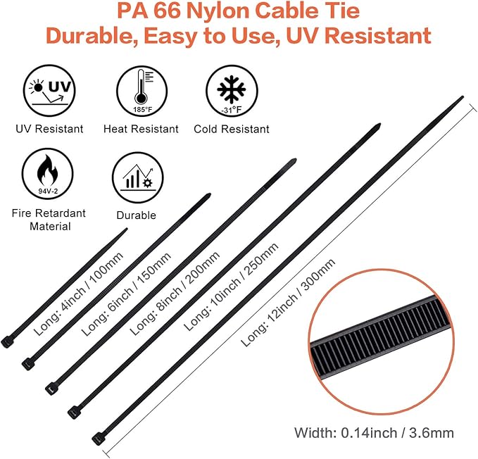 Zip Ties Assorted Sizes 700 Pack 4+6+8+10+12 Inch Cable Ties Heavy Duty 40lbs Plastic Wire Ties UV Resistant Zipties Black Small Zip Tie Wraps Assortment Cord Management for Home, Office, Gardening