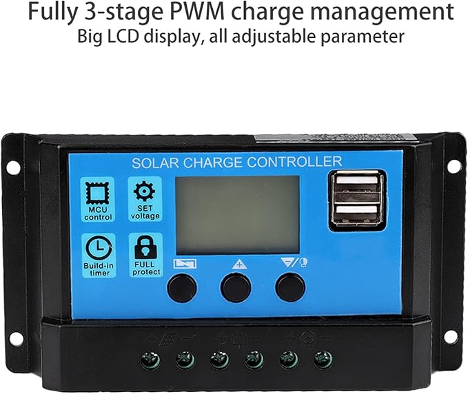 60A Solar Controller 12V 24V PWM Solar Battery Regulator with LCD Display MOSFET , Adjustable Parameters, USB Output, for 12V/24V Solar Panel System