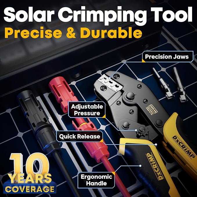 Solar Crimper Tool Kit for 14-10 AWG Solar Panel Cable, with 10 Pairs Solar Connectors, Solar Crimper, Automatic Wire Stripper and Wrench, Solar Installation Assembly Tools