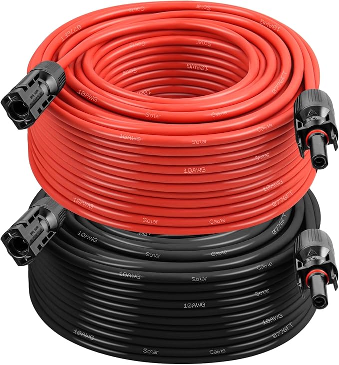 10AWG Solar Extension Cable 200FT – 2 Pack Red & Black PV Wire with Solar Connectors, 84-Strand Tinned Copper, Dual XLPE Insulated, Outdoor UV-Resistant Cable for RV, Inverter, Battery