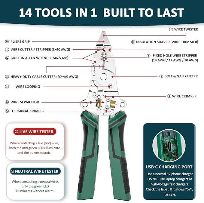 14-in-1 Wire Stripping Pliers, 2026 New Rechargeable Wire Strippers Tool with Voltage Tester&Alarms, Detectable 12-250V, Heavy-Duty Electrical Pliers&Wire Cutters–for Professional and Home Use (Green)