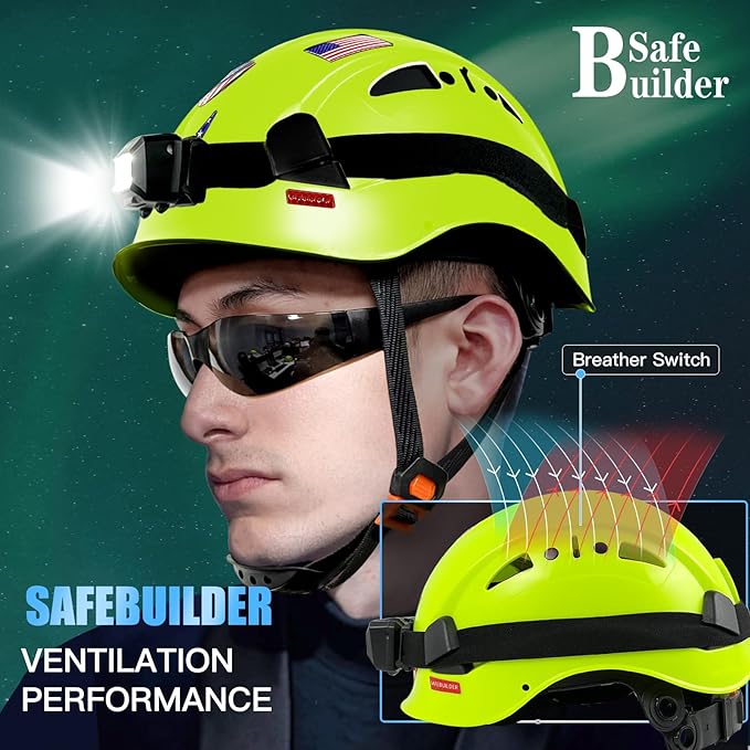 Construction Safety Helmet with Headlight Hard Hat Headlamp Adjustable Ventilation Hardhats Work Head Protection Certified ANSI/ISEA Z89.1