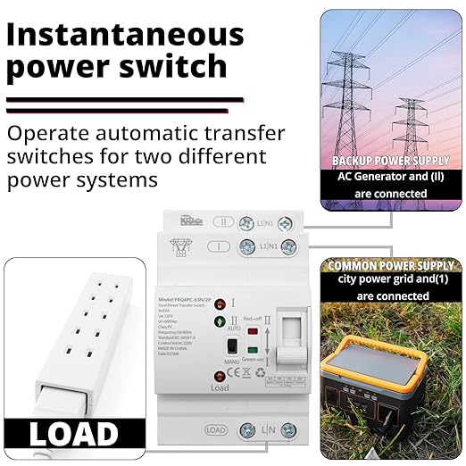 Mini ATS Automatic Transfer Switch 2P 63A 110V, Dual Power Auto/Manual Changeover for Generator/UPS/Solar – DIN Rail Mounted Uninterruptible Power Controller for Home RV Backup, 50/60Hz CE Certified